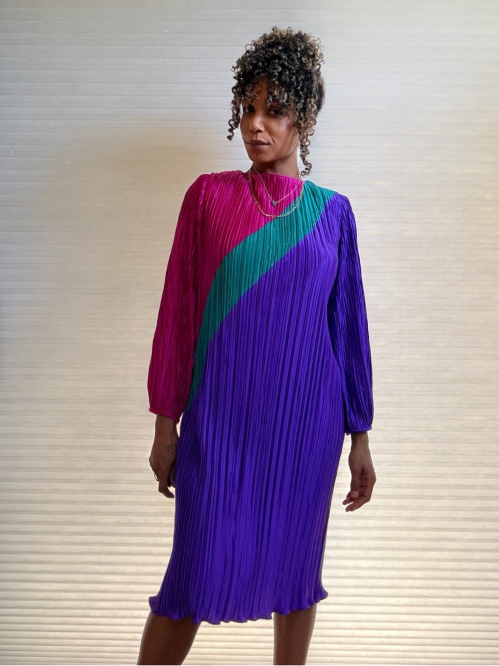 Vintage 80s Lisa Michaels Pleated Colorblock Dress - Picture 5 of 11